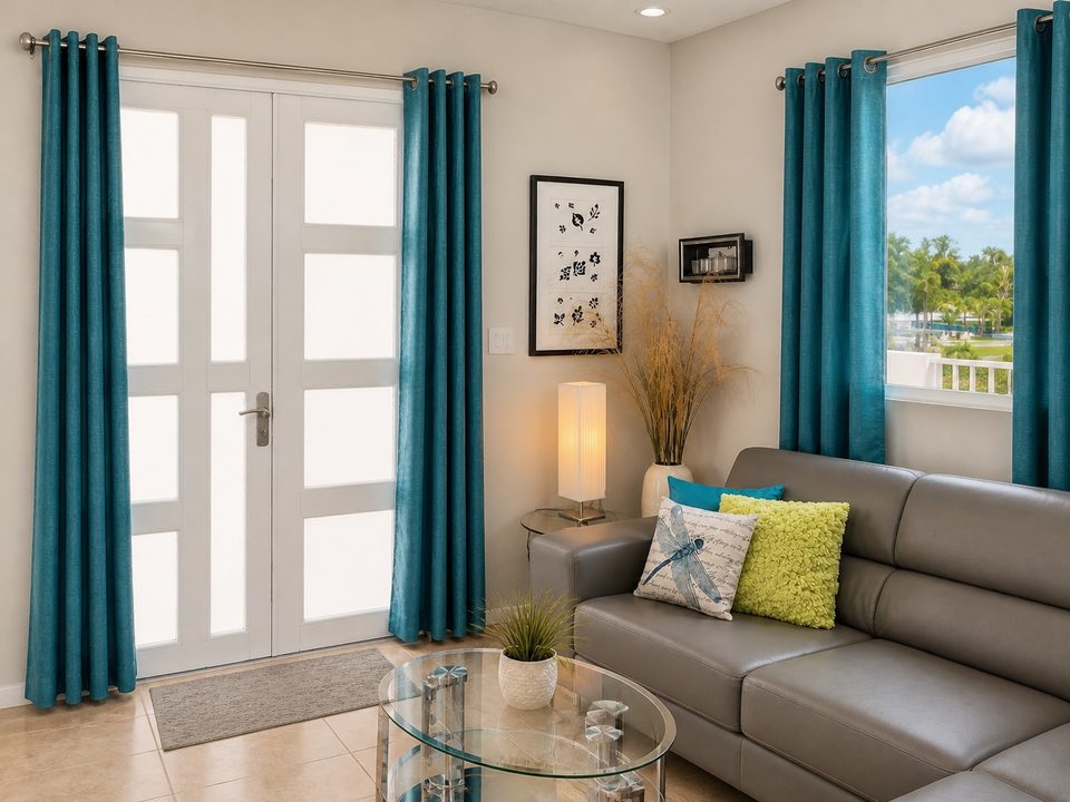 The grey sectional by the double doors, with a window onto the palms