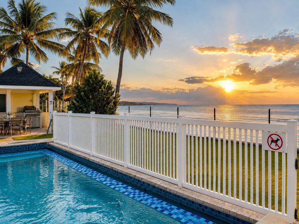 La piscina compartida al amanecer, con el mar detrás de la verja