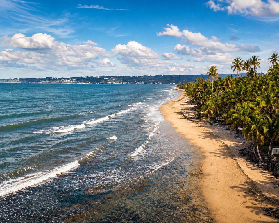 Vista aérea de la costa de Aguada: olas junto a una curva de arena, una franja de palmas y las lomas hacia Aguadilla a lo lejos