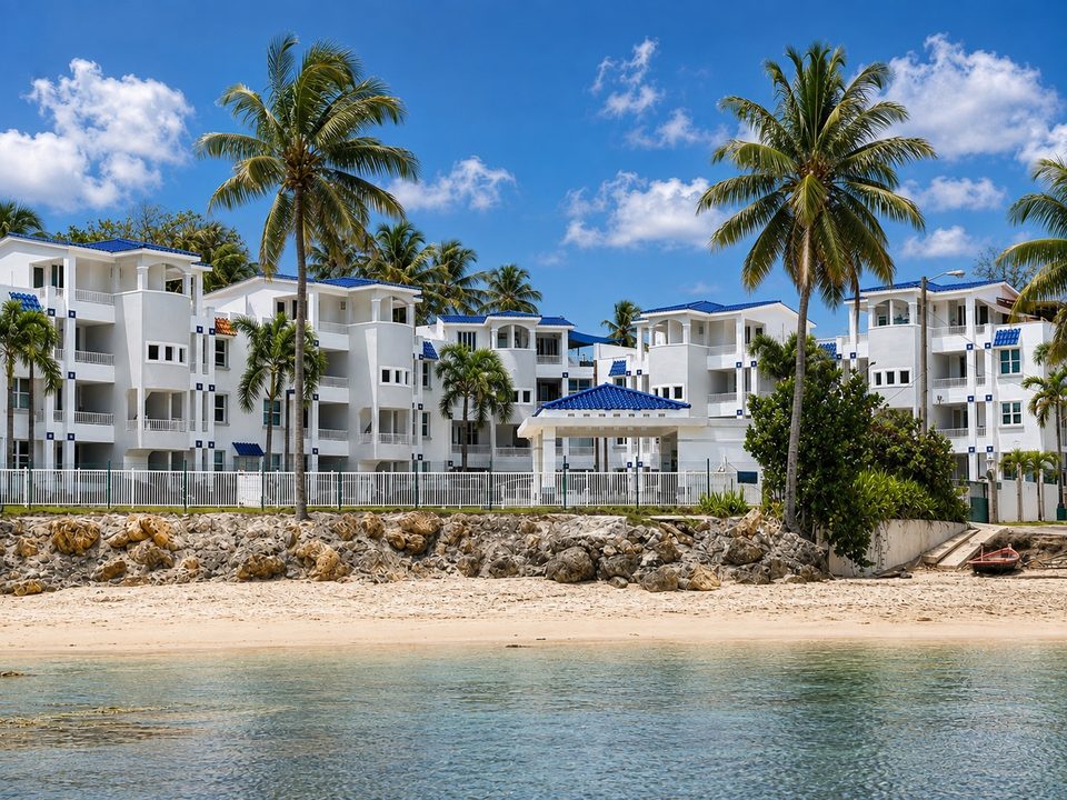 El condominio visto desde la playa, con orilla rocosa y agua poco profunda al frente