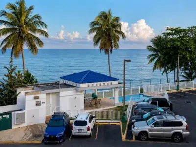 Desde el balcón: palmas, el techo azul de la glorieta de la piscina, el estacionamiento y el mar