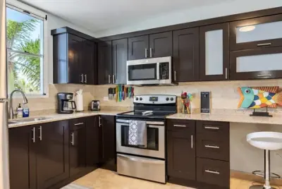 Cocina en L: estufa y microondas de acero inoxidable, fregadero bajo una ventana con palmas y cafetera en el tope